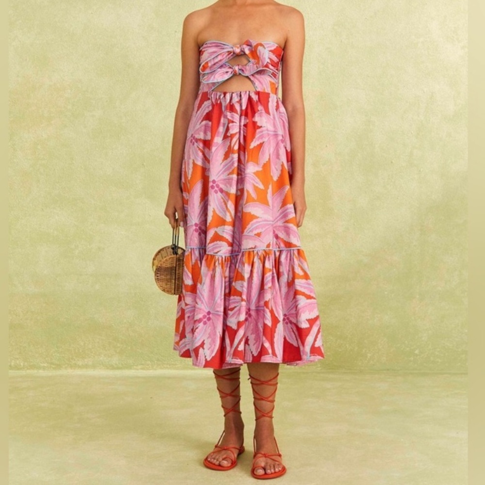 Farm Rio Red Coconut Tree Organic Cotton Midi Dress